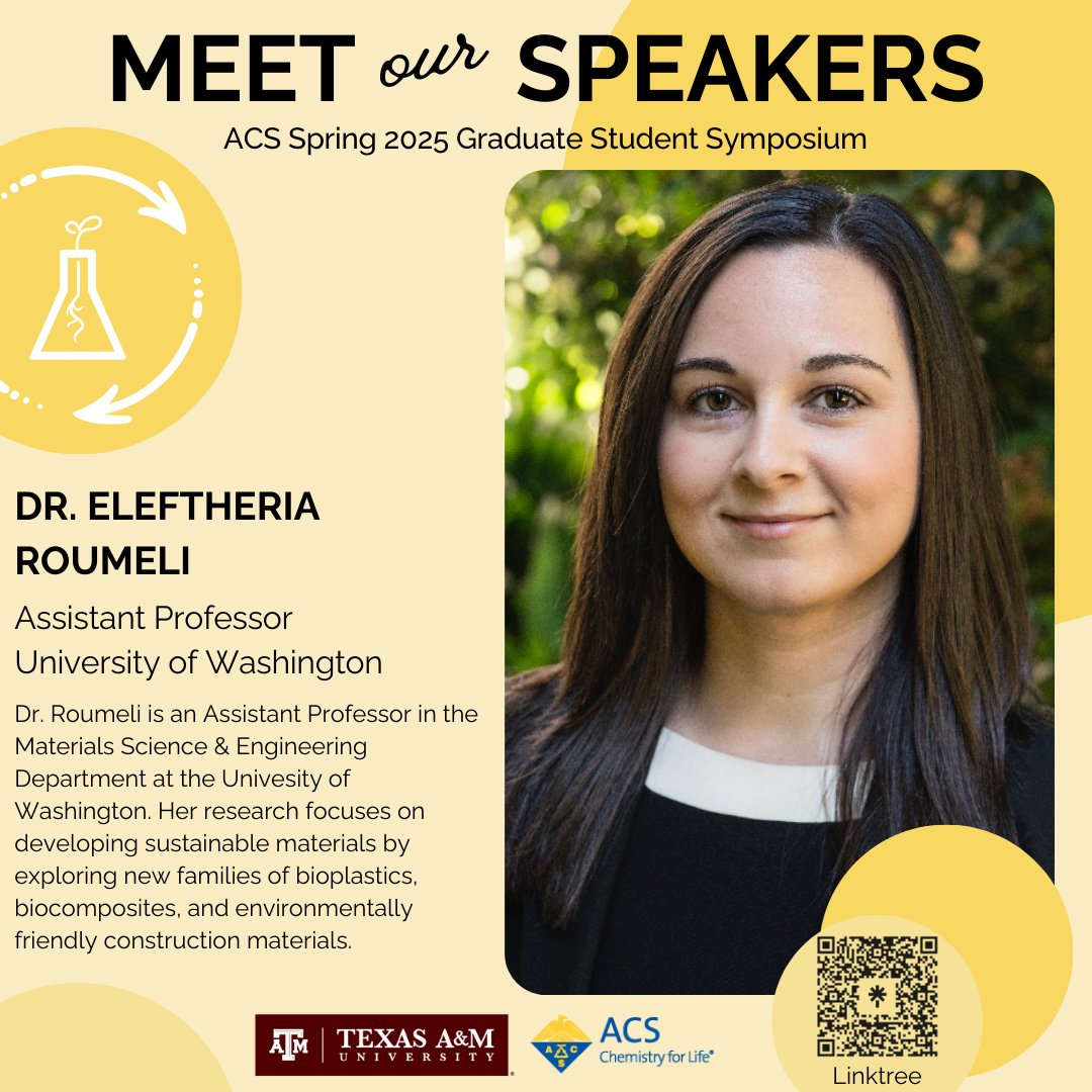 tamugsspc's tweet image. We are honored to host Dr. Eleftheria Roumeli at our upcoming symposium!
Stay tuned to meet more of our speakers! #acs #gsspc #tamuchemistry 馃И馃ゼ