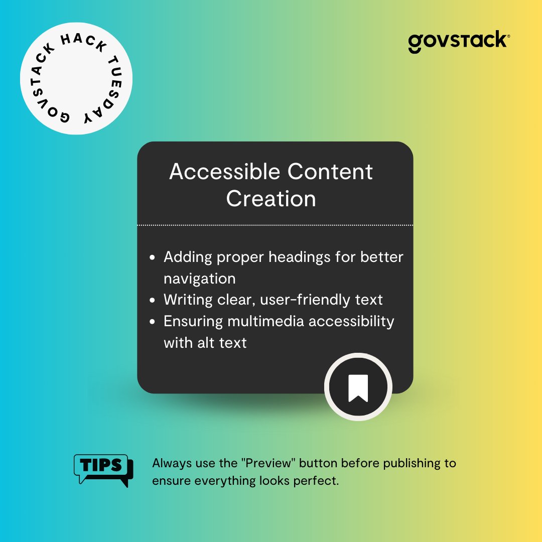 Govstack_GHD's tweet image. Accessibility Tip: Use Govstack tools to simplify content creation!
✅ Add proper headings
✅ Write clear, inclusive text
✅ Manage alt text with ease
💡 Learn how Govstack makes accessibility simple: ow.ly/fpEy50UJTbt
#AccessibilityHack #GovTech #DigitalInclusion
