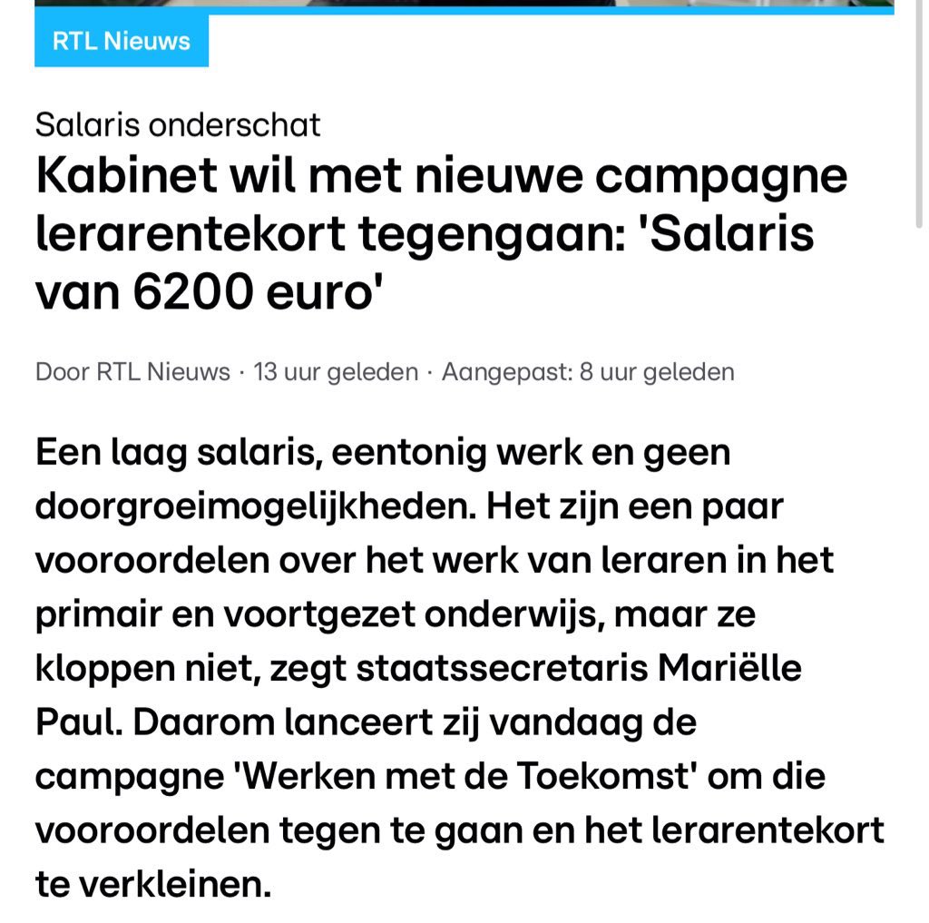 Dinsdag 21 januari 2025 als docent Nederlands (1e graads): 

Aanwezig op school: 08.15u 
Eerste lesuur: 08.30u 
Ouderavond: tot 21.00u (mijn gesprekken waren iets eerder klaar) 

Kan het kabinet even vertellen waar ik die 6200 euro kan ophalen? 

rtl.nl/nieuws/politie…
