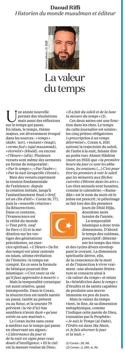driffi59's tweet photo. Mon dernier article pour "La Croix", paru vendredi 17 janvier.
Prenant pour prétexte le changement d'année civile, j'y propose (dans un format bref et donc nécessairement frustrant) de présenter la vision islamique du temps. Une 2de partie sera consacrée au "calcul du temps". https://t.co/yiq1Cfkw4L