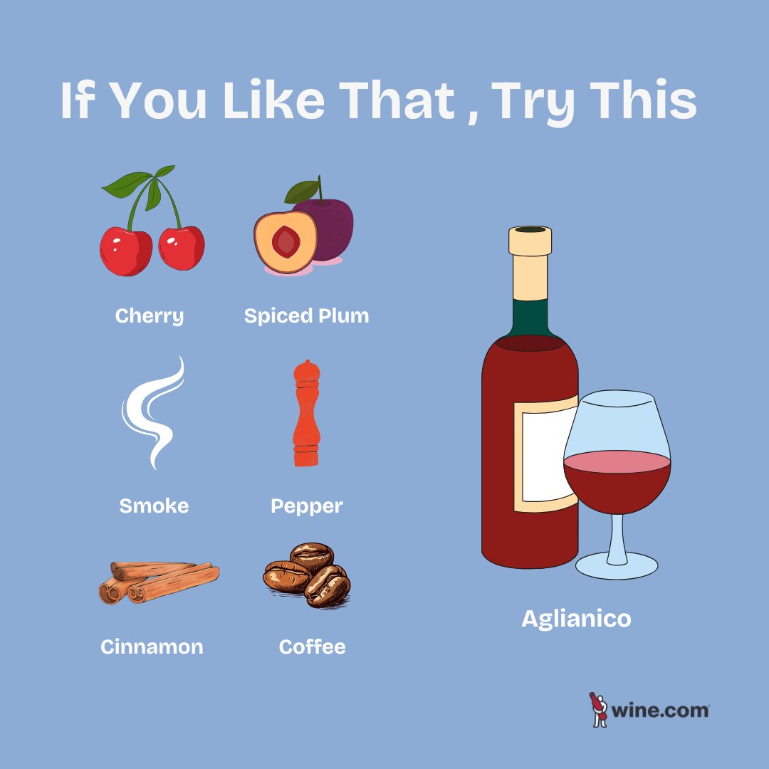If you like that, try this. 

Aglianico is a full-bodied red wine from Southern Italy.  It’s a rustic, earthy wine that pairs perfectly with hearty dishes like grilled meats and aged cheeses.

🍷 Shop Aglianico at bit.ly/4jixFlo .