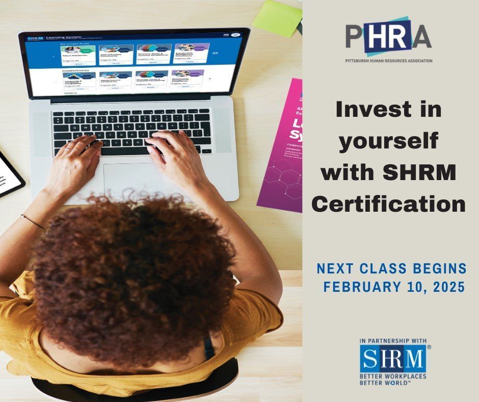 PittsburghHRA's tweet photo. Boost your HR career with PHRA's SHRM Certification Prep Class! Gain expert guidance, top-notch study materials, and the confidence to ace your SHRM-CP or SHRM-SCP exam. Learn more and sign up here: https://t.co/JNqyrS0P1I https://t.co/YukP1Fy5ri