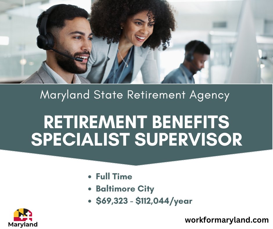 Marylandgovjobs's tweet photo. The Maryland State Retirement Agency is seeking a Retirement Benefits Specialist Supervisor. Located in Baltimore City salary of $69,323 - $112,044/year.
Apply: https://t.co/o0j9eirUoH
More: https://t.co/0YRleH714r
#MDStateJobs #RetirementBenefits #SpecialistSupervisor #MSRA https://t.co/A2xKnDhxcs