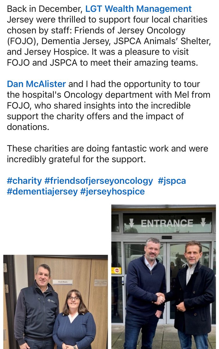 A huge thank you to LGT wealth for their generous donation to FOJO. It was lovely to be able to show Dan and Lucia around the department and to be able to show them some of things the charity has helped to fund and discuss how we support individuals 🥰🥰 <a href="/Jsycancercare/">Jersey Cancer Care Unit</a>
