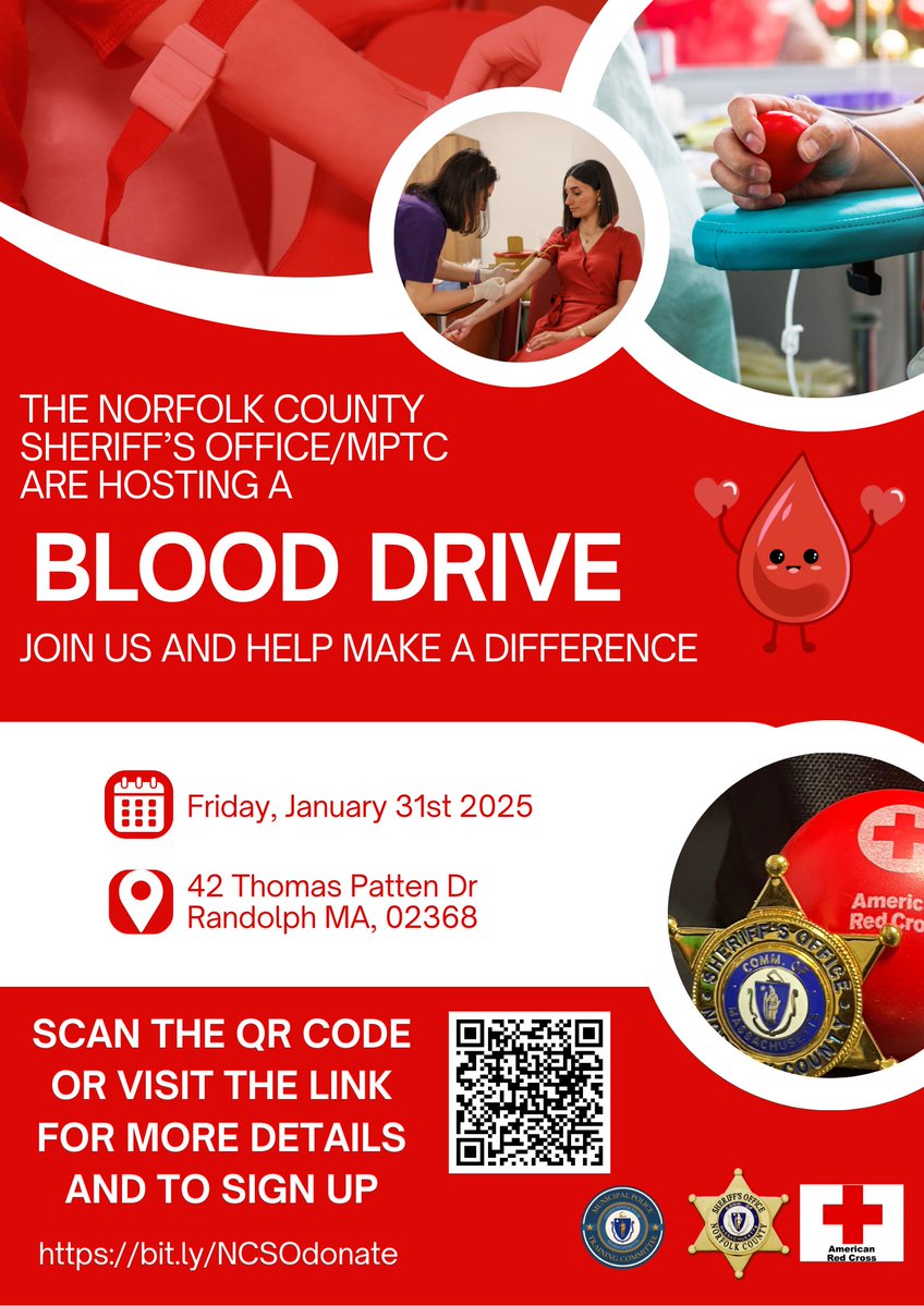 Massachusetts Municipal Police Training Committee (@massmptc) on Twitter photo The <a href="/NorfolkSheriff/">Norfolk Sheriff, MA</a>, in partnership with the <a href="/MassMPTC/">Massachusetts Municipal Police Training Committee</a> , is hosting a vital blood drive on Friday, January 31, 2025, at the MPTC Randolph Academy. Your donation can make a difference in someone's life. â¤ď¸
For more info or to sign up đ redcrossblood.org/give.html/driv⌠The <a href="/NorfolkSheriff/">Norfolk Sheriff, MA</a>, in partnership with the <a href="/MassMPTC/">Massachusetts Municipal Police Training Committee</a> , is hosting a vital blood drive on Friday, January 31, 2025, at the MPTC Randolph Academy. Your donation can make a difference in someone's life. â¤ď¸
For more info or to sign up đ redcrossblood.org/give.html/drivâŚ
