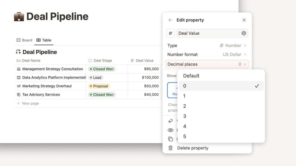NotionHQ's tweet image. Attempting to set decimal places with a formula is a canon event… but not anymore! 

Now you can set decimal places in number properties 🫡