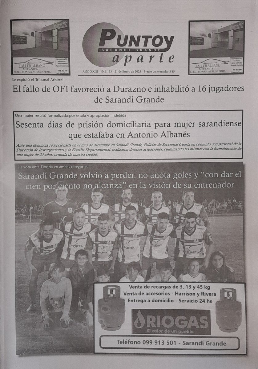 Esta es la portada de Semanario PUNTO Y APARTE. Muchos titulares, pero especialmente mucha información en páginas interiores. Se vende a $ 45 en habituales puntos de distribución de Sarandí Grande. Suscripción digital a través del 097 983 343 y 099 362 147. Lo recibes en tu mail.
