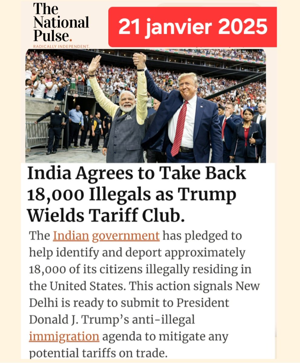f_asselineau's tweet photo. 🇺🇲🇮🇳PREMIER SUCCÈS DE TRUMP ?
L'Inde pourrait rapatrier quelque 18.000 immigrants indiens installés illégalement aux🇺🇲 sous Biden, contre une modération des droits de douane que Trump veut relever sur les importations🇮🇳.
Ça reste à confirmer tant les négociateurs🇮🇳 sont coriaces. https://t.co/XPlunGVoO9