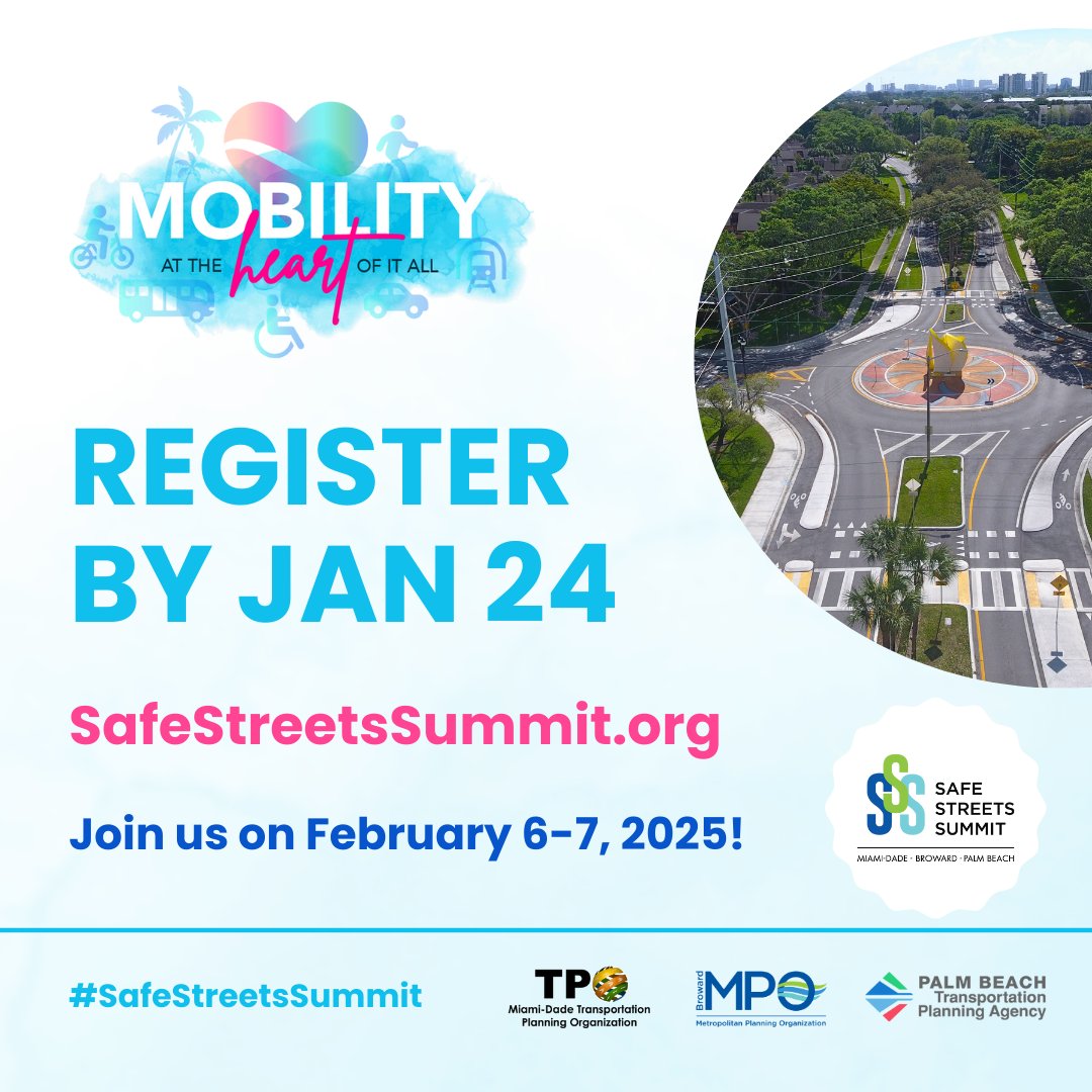 Palm Beach TPA (@palmbeachtpa) on Twitter photo Secure your spot at the 12th Annual Safe Streets Summit! Registration has been extended and will close on January 24th! Join national experts, local leaders, and mobility advocates as we shape the future of safer, more connected streets. Register now at SafeStreetsSummit.org! Secure your spot at the 12th Annual Safe Streets Summit! Registration has been extended and will close on January 24th! Join national experts, local leaders, and mobility advocates as we shape the future of safer, more connected streets. Register now at SafeStreetsSummit.org!
