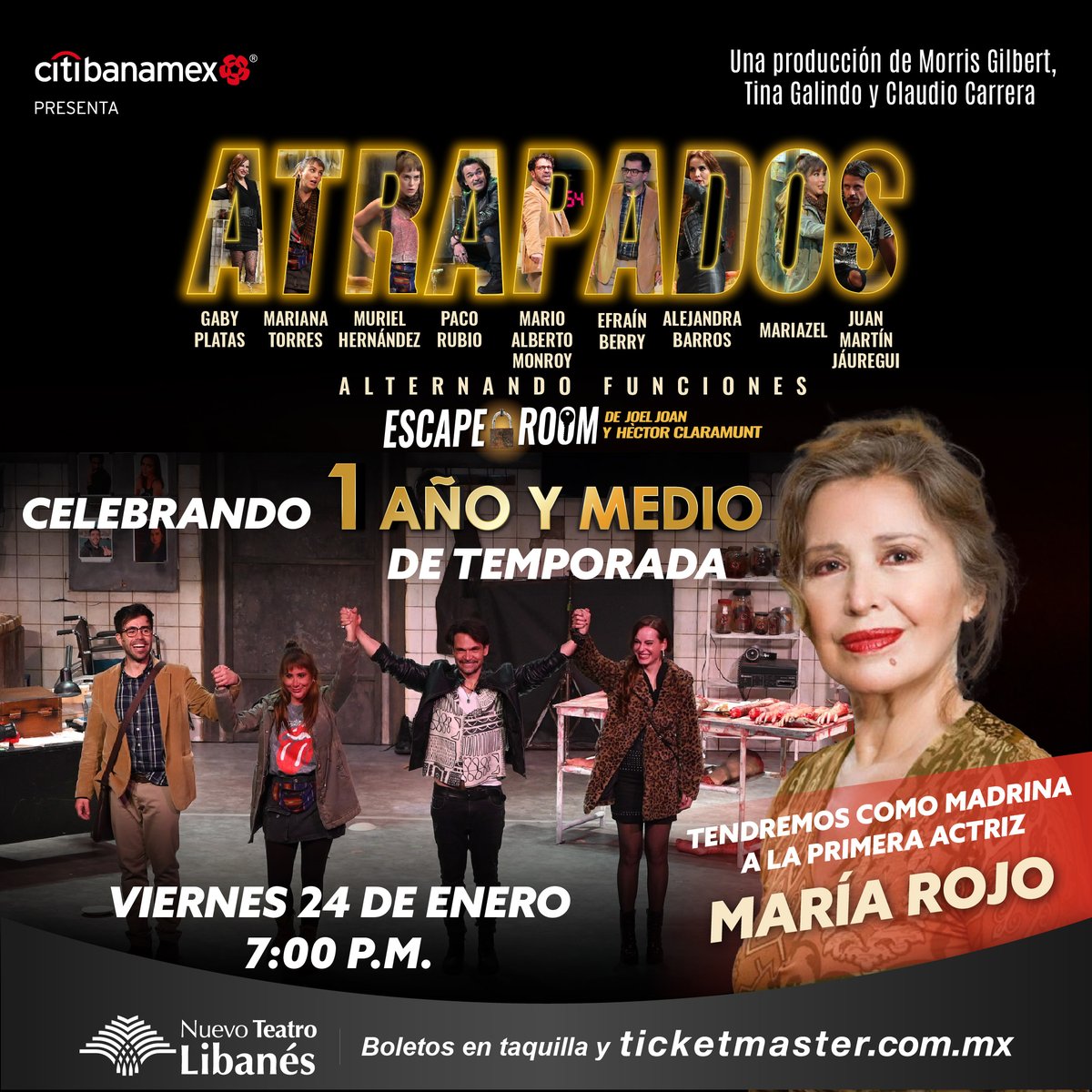 Este viernes vamos a celebrar un año y medio de risas, diversión y suspenso de #Atrapados (Escape Room). ¿Ya tienes tus boletos para acompañarnos? ¡No faltes!

🥇 Celebrando año y medio
📆 Vie. 24 de ene. | ⏰ 7 p.m.
🧚‍♂️ Madrina: #MaríaRojo
🎟️ bit.ly/ATRCumpleUnoyM…