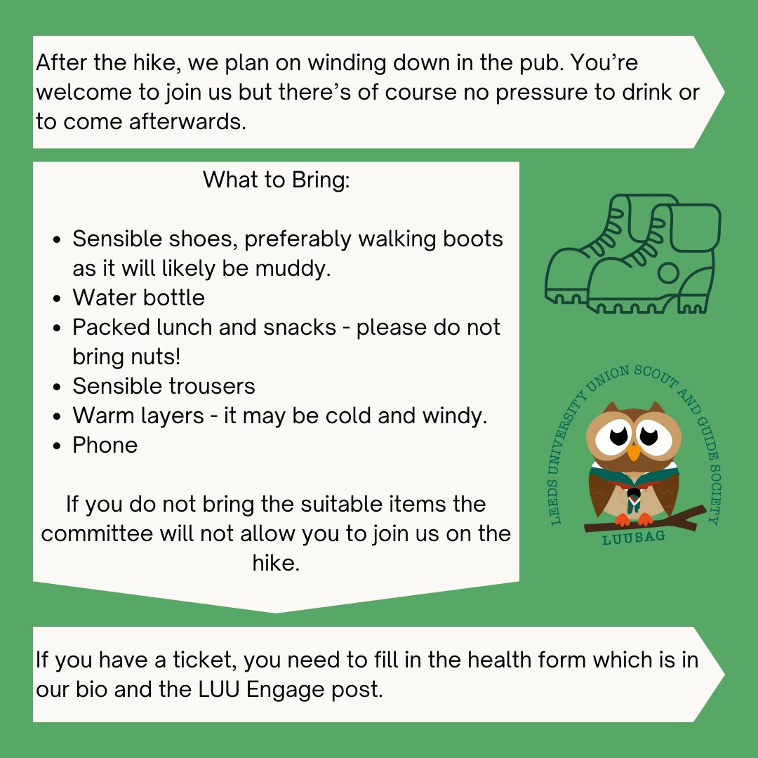 luusag1's tweet photo. Our first social of the new year is a hike along the Meanwood Valley Trail on Sunday 2nd February!
This is completely free and open to everyone but you do need to book a ticket through LUU Engage. Once you've got a ticket you'll need to fill in the health form linked in the event https://t.co/Ze3FgtfLnw