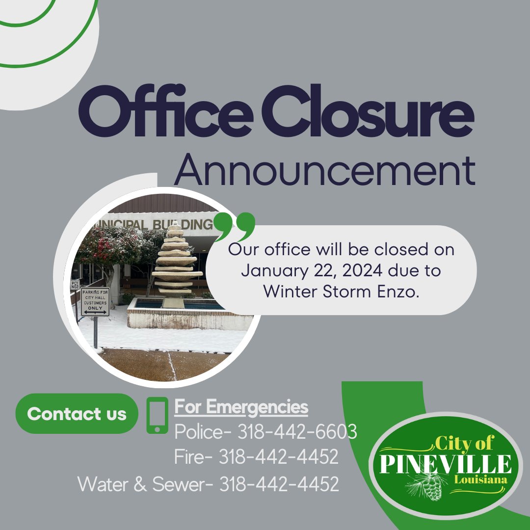 COPinevillela's tweet image. 🚨 Weather Update: City Office Closure Extended 🚨

Due to the continued severe winter weather, all City of Pineville offices will remain closed tomorrow, Wednesday. We urge everyone to stay safe and avoid unnecessary travel.

🏠 Essential services and critical infrastructure…