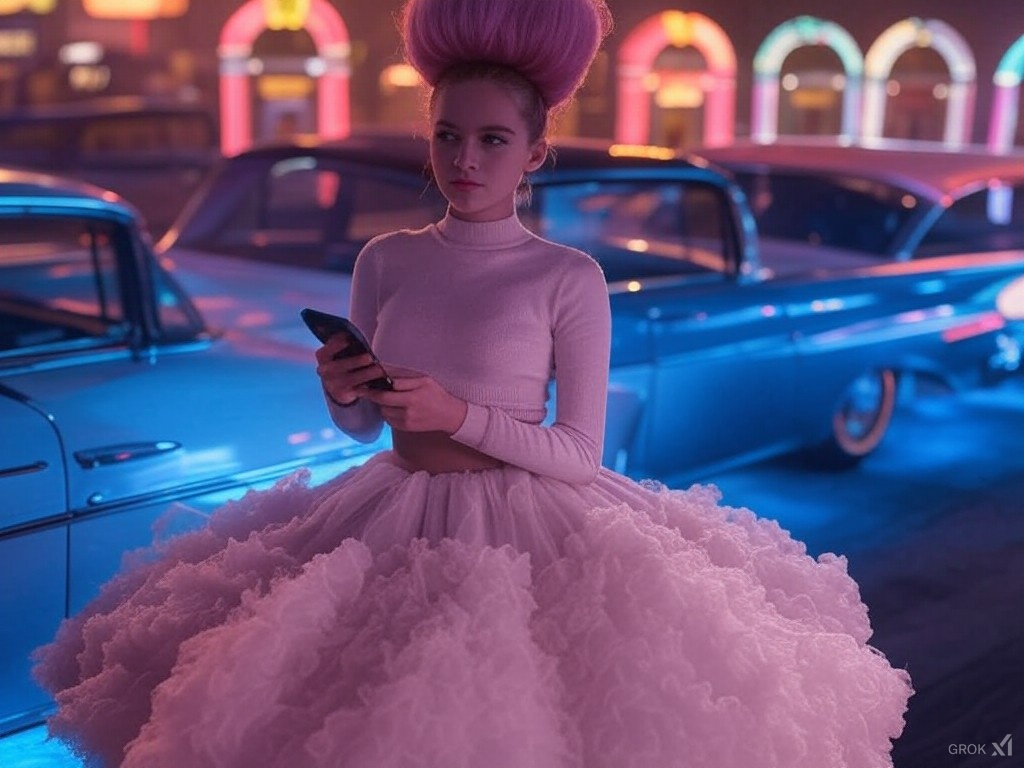 NeonDreamsAI's tweet photo. Grok is going a bit crazy today - kinda 50s / 2020s vibe :) https://t.co/rjRiU0hSNn