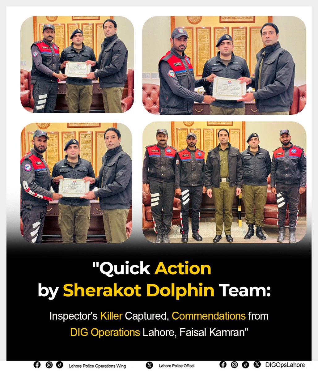 Lahorepoliceops's tweet photo. "Dolphin Team's swift action in Sherakot: Inspector Saifullah Niazi's killer arrested, DIG Operations commends team with cash reward and certificate"
#DolphinSquad #SwiftAction #InspectorSaifullah #JusticeServed #DIGOperations #PoliceBravery #TeamCommendation #HeroicResponse https://t.co/rCXZNvhxWe