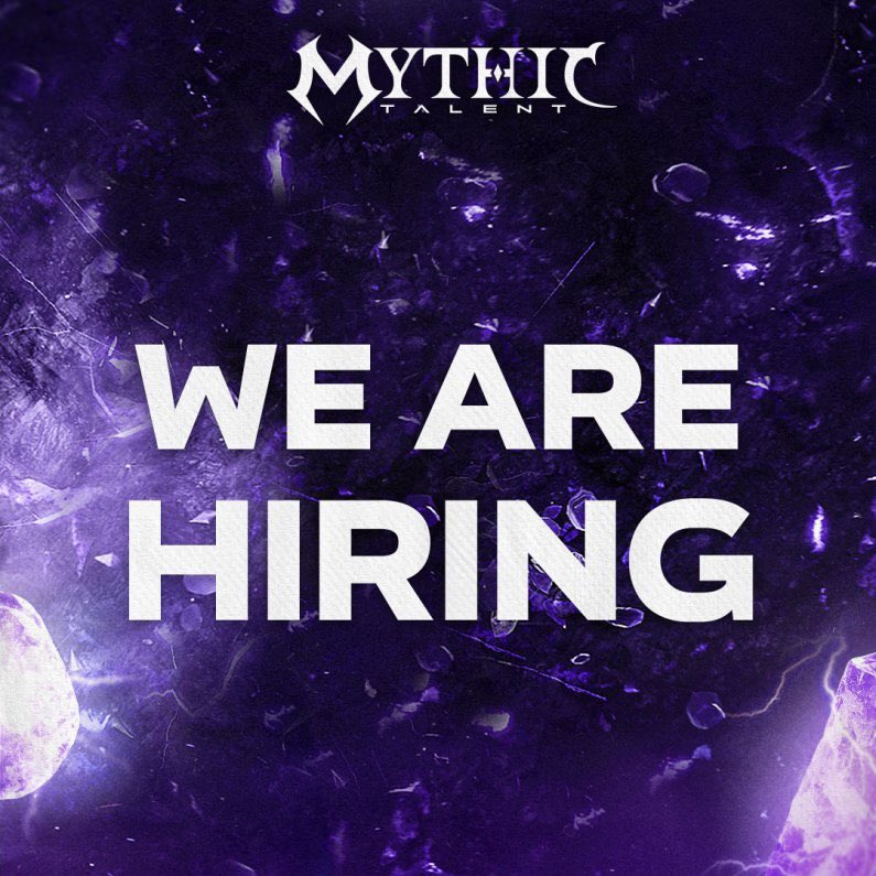 MythicTalent's tweet image. 🚨Mythic is hiring🚨

We are looking for the following:
• Talent Manager (Off Hours - evenings and weekends)
• Junior Talent Manager
• Campaign Manager
• Sales Manager
• Business Development Manager
• Associate Director of Operations

You can find more information with the…