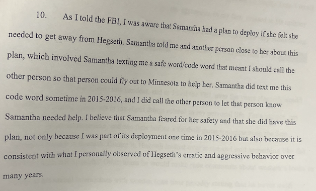 AndrewDesiderio's tweet image. Here’s the portion of the affidavit that details the “safe word/code word” that Danielle Hegseth and another person had with Samantha Hegseth