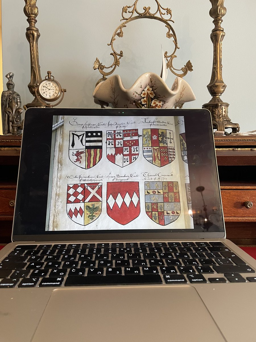Arms of several #Tudor earls,
George Hastings, Earl of Huntington; J Bourchier, Bath; Ambrose Sutton, Warwick; W FizWilliam, Southampton; Henry Daubny, Bridgewater; and… Tho. #Cromwell, 1st #Essex. #heraldry #manuscript #16thC