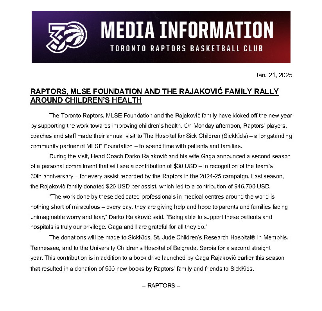 zulfi_sheikh's tweet photo. The Toronto Raptors and MLSE Foundation made their annual visit to SickKids hospital on Monday.

For a 2nd year in a row, coach Darko Rajakovic committed to donate for every assist the Raps record. Up-ing from $20 to $30 for 30th anniversary.

Last year his family donated $46,700 https://t.co/bHJwTJNU1z