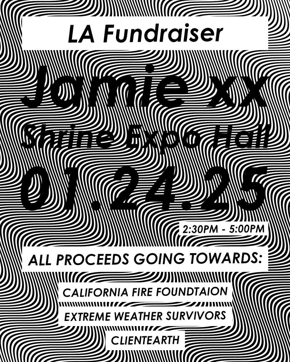 just announced: <a href="/jamie___xx/">Jamie xx</a> adds a fundraiser matinee show this Friday, 1.24 (2:30pm-5pm) at <a href="/ShrineLA/">Shrine Auditorium & Expo Hall</a> 🔉

all proceeds will go towards California Fire Foundation, Extreme Weather Survivors, &amp; ClientEarth 🤍

tickets on sale now ⬇️
axs.com/events/826541/…