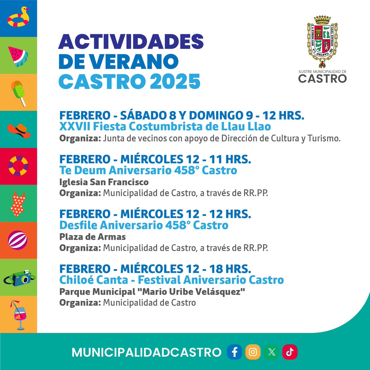 rrppcastro's tweet photo. 📢 ¡Verano en Castro 2025! 🌞

Prepárate para disfrutar de las actividades más entretenidas de enero y febrero en nuestra comuna. Aquí te dejamos los principales eventos:

📲 ¡Síguenos para no perderte nada! https://t.co/yAv7z2iE8d
