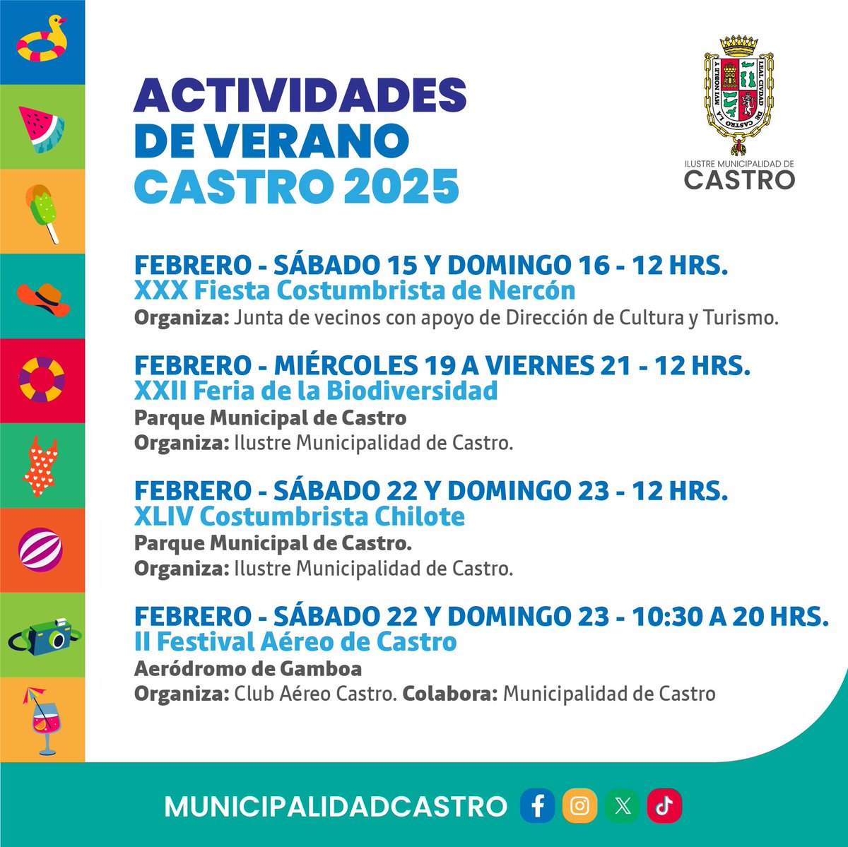 rrppcastro's tweet photo. 📢 ¡Verano en Castro 2025! 🌞

Prepárate para disfrutar de las actividades más entretenidas de enero y febrero en nuestra comuna. Aquí te dejamos los principales eventos:

📲 ¡Síguenos para no perderte nada! https://t.co/yAv7z2iE8d