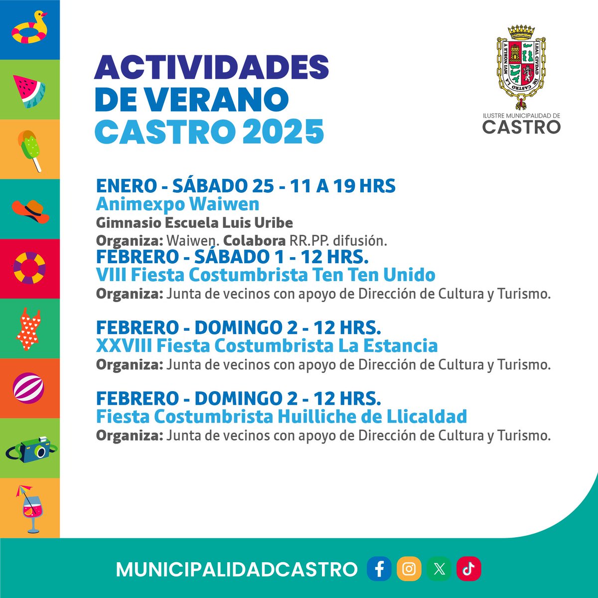 rrppcastro's tweet photo. 📢 ¡Verano en Castro 2025! 🌞

Prepárate para disfrutar de las actividades más entretenidas de enero y febrero en nuestra comuna. Aquí te dejamos los principales eventos:

📲 ¡Síguenos para no perderte nada! https://t.co/yAv7z2iE8d