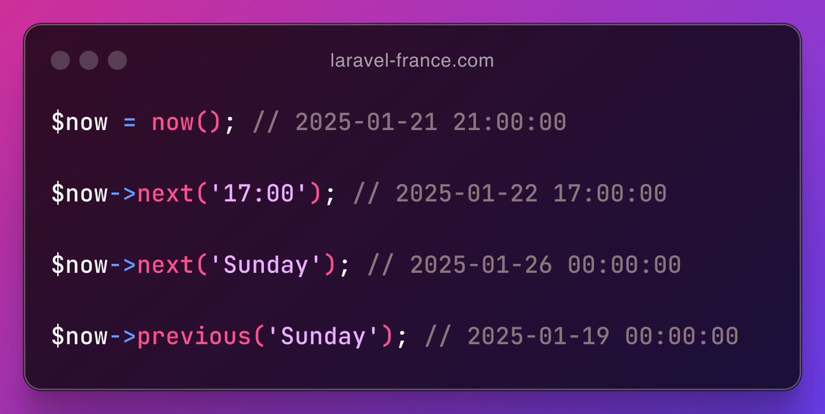 laravel_france's tweet photo. 💡 #FridaysTips
Le package Carbon est un incontournable en #PHP et largement utilisé dans nos applications #Laravel pour manipuler les dates.
Saviez-vous qu'il permet également d'obtenir des dates spécifiques, comme le prochain dimanche ou une heure précise ?
Bon weekend 👋 https://t.co/Ah6JO0atxO