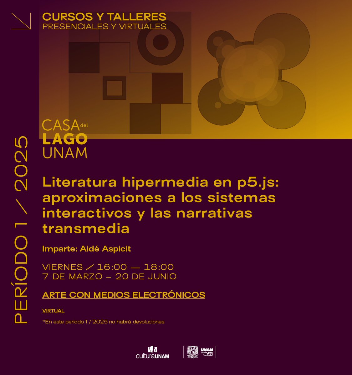 CasadelLago's tweet photo. Este taller es un espacio de exploración creativa y técnica donde las personas participantes aprenderán a desarrollar narrativas interactivas utilizando la plataforma p5.js.
Inscríbete a él del 4 al 8 y del 11 al 15 de febrero en Casa del Lago UNAM.👉 https://t.co/o1AvQ9E3VM https://t.co/SEOdoanLzy