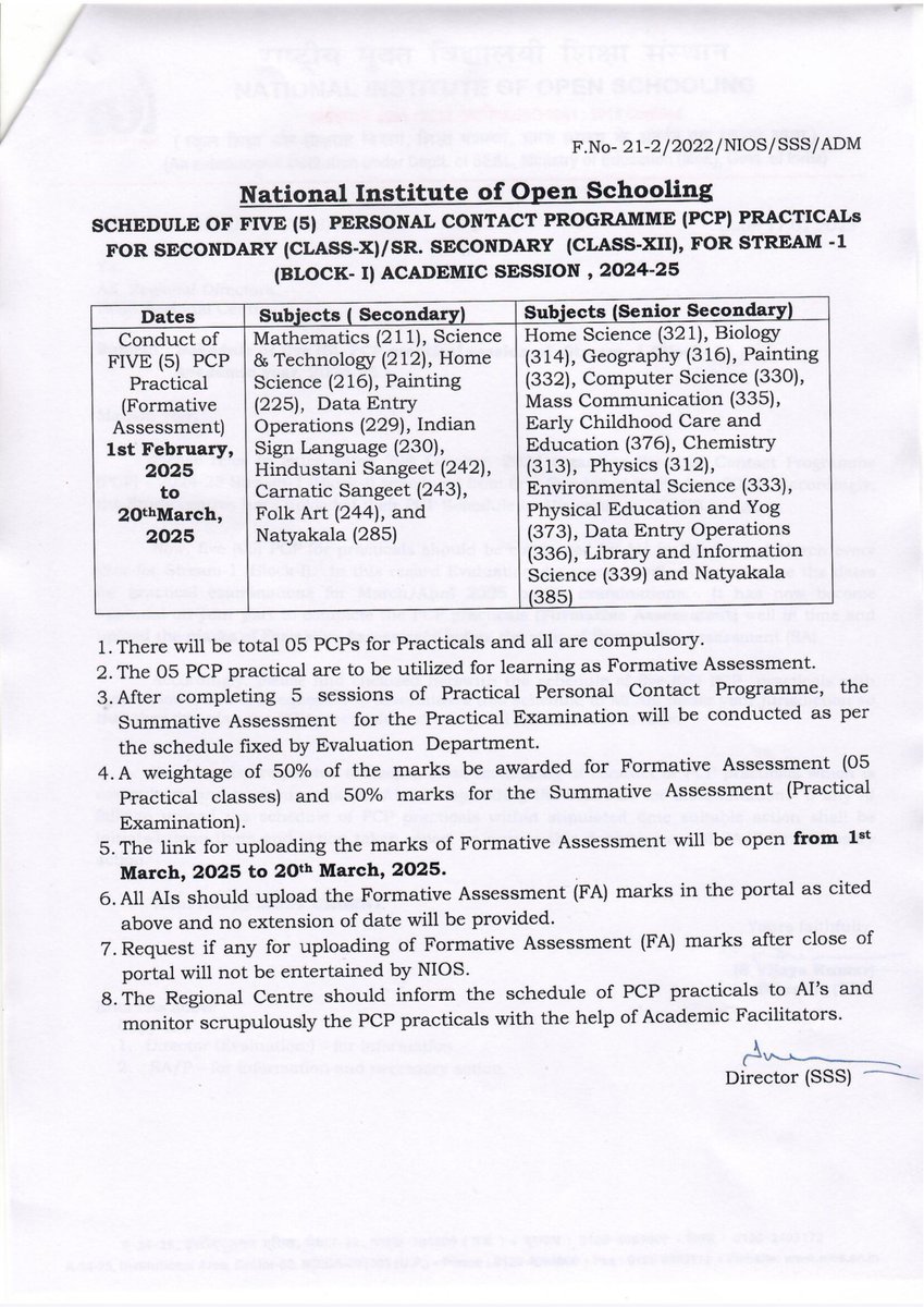 NIOSUnofficial's tweet photo. As per the latest directive (circular) from NIOS, the number of mandatory Practical PCP classes has been increased from 2 to 5 classes from this academic session onwards which are conducted before practical exams 
50% marks will be allotted from FA.PCP attendance https://t.co/HCNbom5rZc