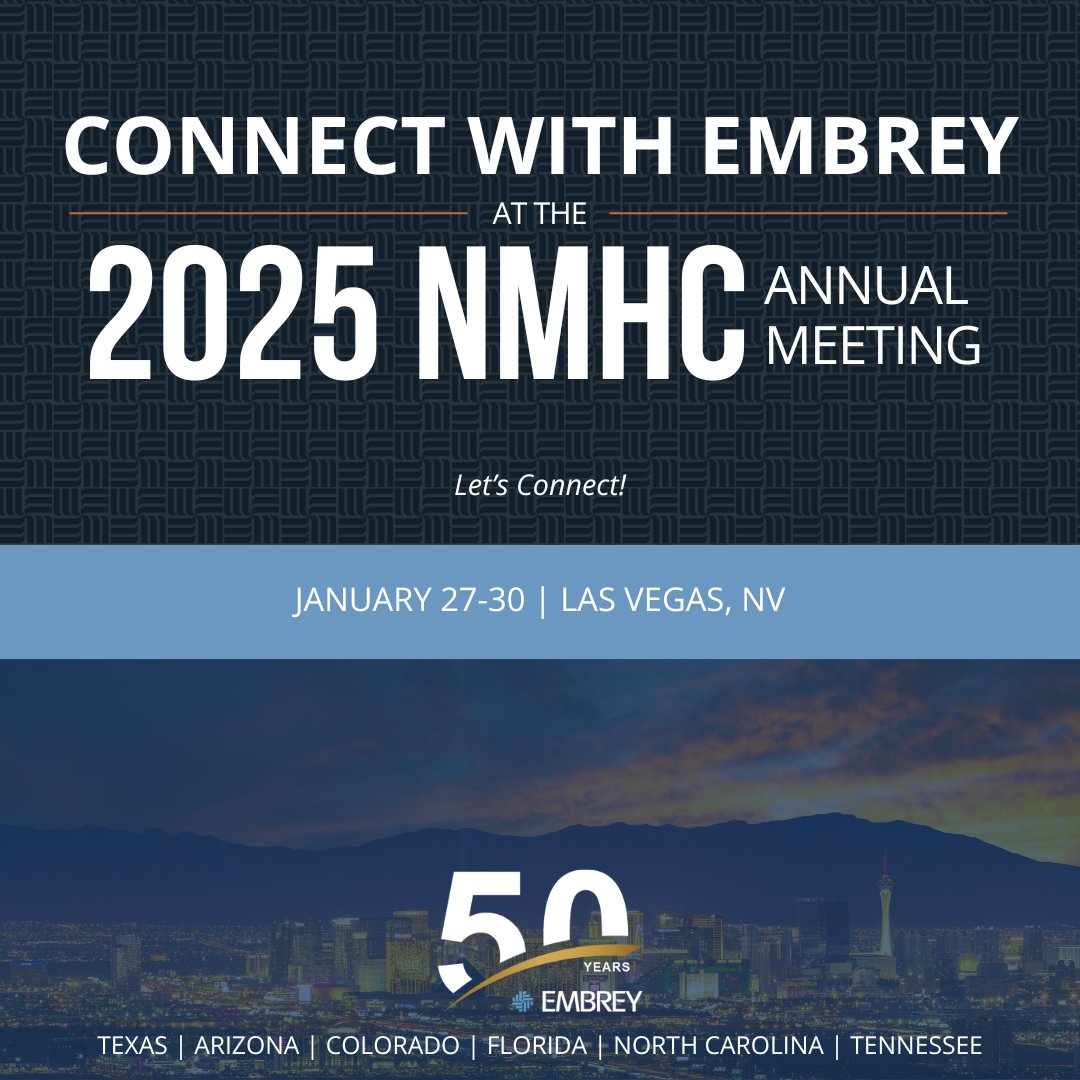 EMBREY’s Investments, Development, Construction and Management Services teams will be attending the 2025 NMHC  Annual Meeting in Las Vegas from January 27-30!

Learn More About EMBREY: bit.ly/4hpww9T

#NMHC2025 #Celebrating50Years #MultifamilyRealEstate <a href="/ApartmentWire/">NMHC</a>