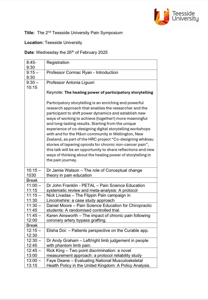 NEMS (@nemsoc16) on Twitter photo 📣 SAVE THE DATE 📅
Teesside University are hosting a brilliant day on Wed 26th February- The 2nd Pain Symposium!
Fantastic speakers and lots of hot topics! If you are interested in attending please email Cormac Ryan c.ryan@tees.ac.uk 🤩 📣 SAVE THE DATE 📅
Teesside University are hosting a brilliant day on Wed 26th February- The 2nd Pain Symposium!
Fantastic speakers and lots of hot topics! If you are interested in attending please email Cormac Ryan c.ryan@tees.ac.uk 🤩