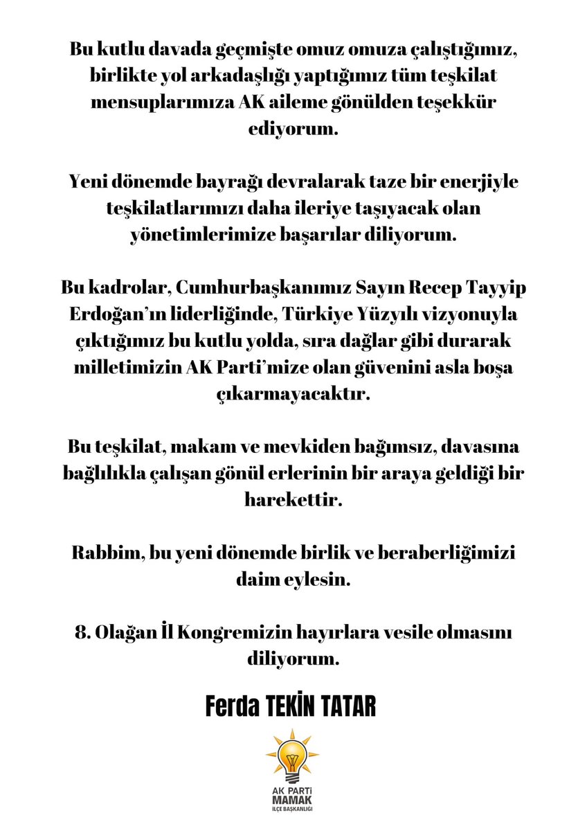 Ferda Tekin Tatar (@ferdatkntatar) on Twitter photo Rabbim yeni dönemde birlik ve beraberliğimizi daim eylesin.
Ankara teşkilatımızın her bir ferdine yürekten teşekkür ediyorum 🤍
Daha güçlü ve daha büyük bir Türkiye için durmadan çalışacağımıza olan inancım tamdır.
📌 8. Olağan İl Kongremiz
<a href="/hakanhanozcan/">Hakan Han ÖZCAN 🇹🇷</a>
<a href="/RTErdogan/">Recep Tayyip Erdoğan</a> 😎 Rabbim yeni dönemde birlik ve beraberliğimizi daim eylesin.
Ankara teşkilatımızın her bir ferdine yürekten teşekkür ediyorum 🤍
Daha güçlü ve daha büyük bir Türkiye için durmadan çalışacağımıza olan inancım tamdır.
📌 8. Olağan İl Kongremiz
<a href="/hakanhanozcan/">Hakan Han ÖZCAN 🇹🇷</a>
<a href="/RTErdogan/">Recep Tayyip Erdoğan</a> 😎