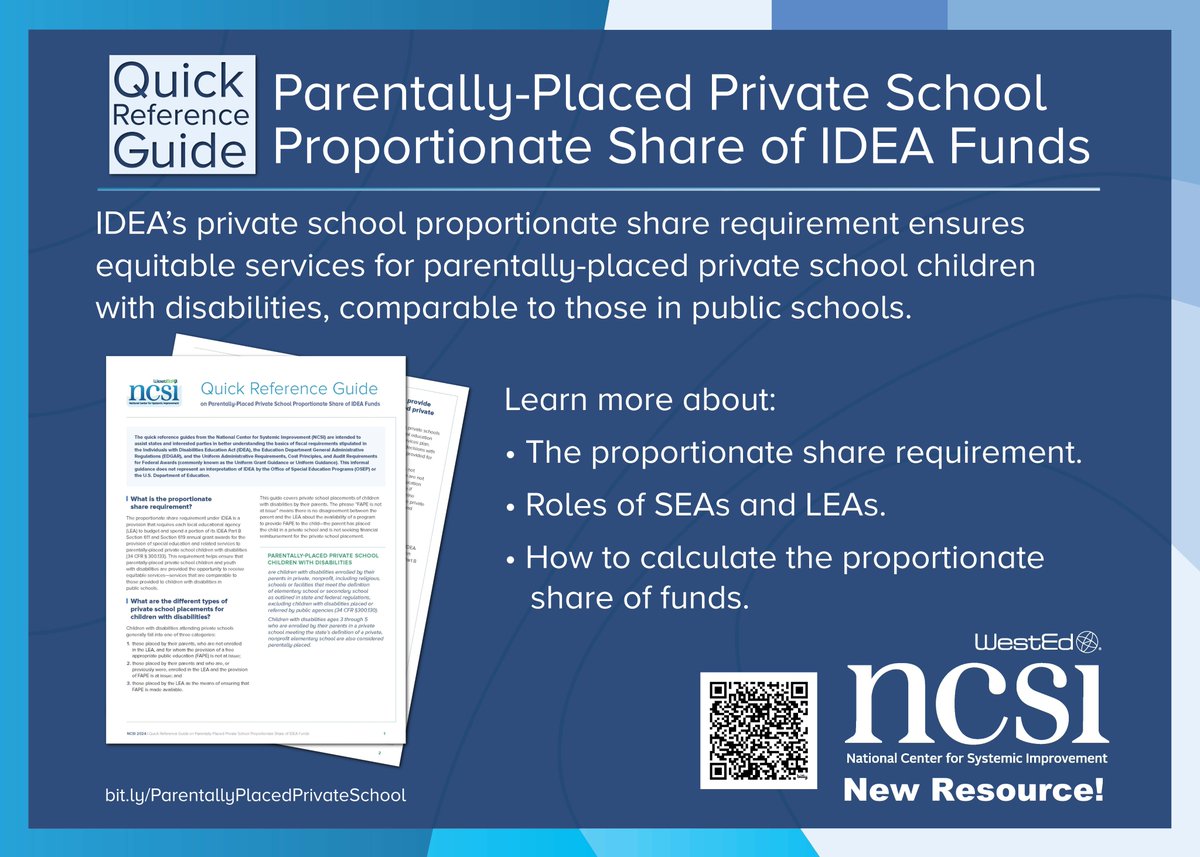 NCSI’s new “Quick Reference Guide on Parentally-Placed Private School Proportionate Share of IDEA Funds” explains proportionate share requirements and provides clear answers to key questions about private school placements for children with disabilities.

🔗 Learn more: