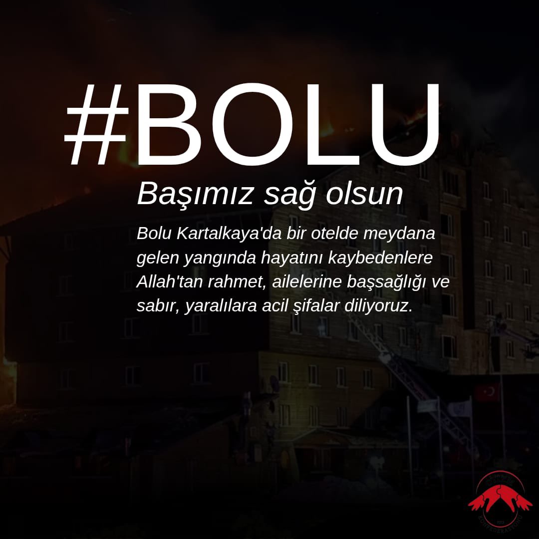 Bolu Kartalkaya'da bir otelde meydana gelen yangında hayatını kaybedenlere Allah'tan rahmet, ailelerine başsağlığı ve sabır, yaralılara acil şifalar diliyoruz.
#bolu #kartalkaya