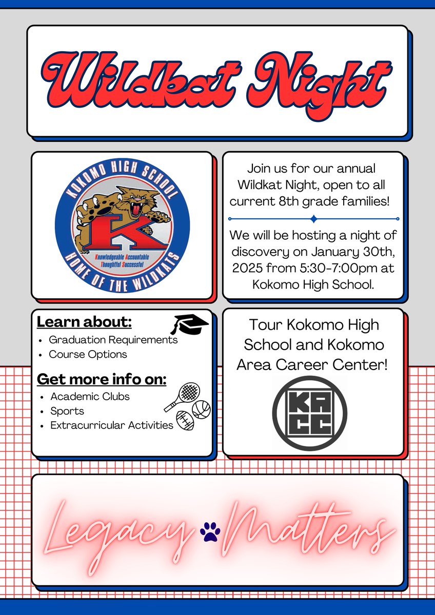 KHSKatKave's tweet photo. All 8th grade families are invited to Wildkat Night at KHS on Jan 30 at 5:30.  Learn about the new diploma, explore extracurriculars, and tour the high school and career center.  We can't wait to see you! @Kats_Principal https://t.co/UQELUZUo3Y