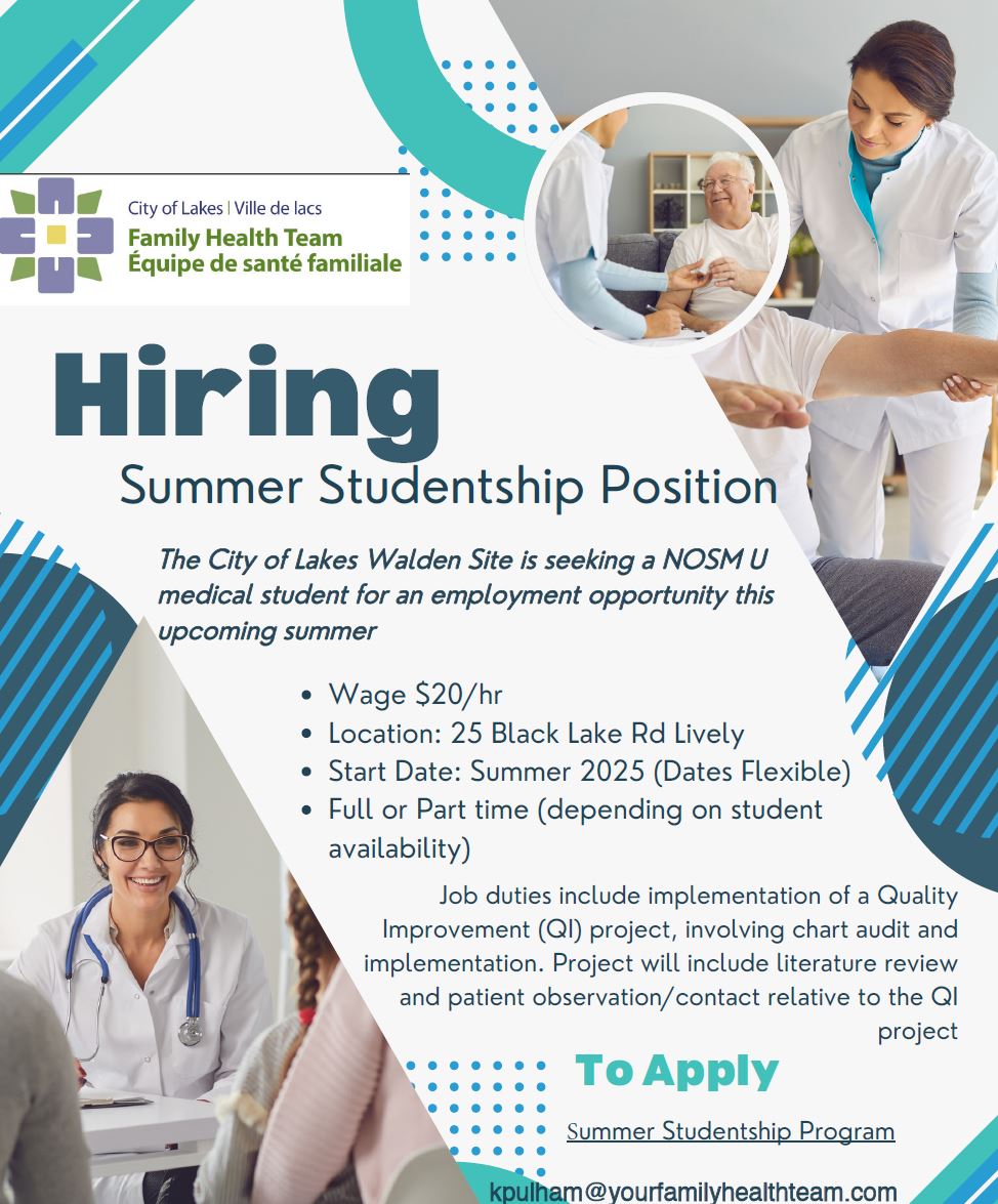 CityofLakesFHT's tweet photo. Are you a NOSM medical student looking to gain hands-on experience this summer? We are excited to announce a paid summer internship in collaboration with the Northern Ontario Summer Studentship Program.  Click here for more information:  
https://t.co/eVUQ9LtO6c https://t.co/tUzsrkm5tU