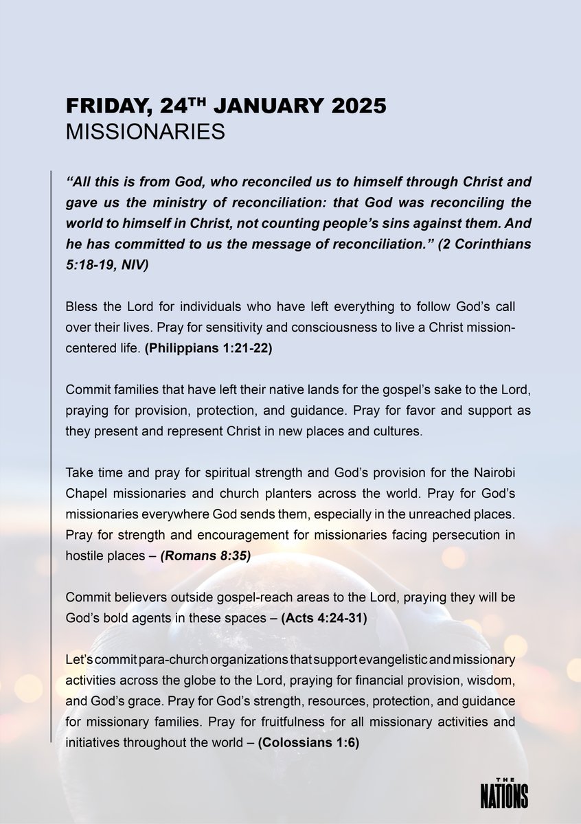 NairobiChapel's tweet photo. Day 14:
21 Days of Prayer &amp; Fasting
Universal Church
Bible Ref: 1 Cor 12:27

Pray for unity &amp; harmony in the body of Christ.
Commit every leader in the body of Christ to God, praying for humility, grace,  boldness &amp; courage as they lead the flock.

#Prayer #TheNations #GoTell https://t.co/Y0KbCRzQHH