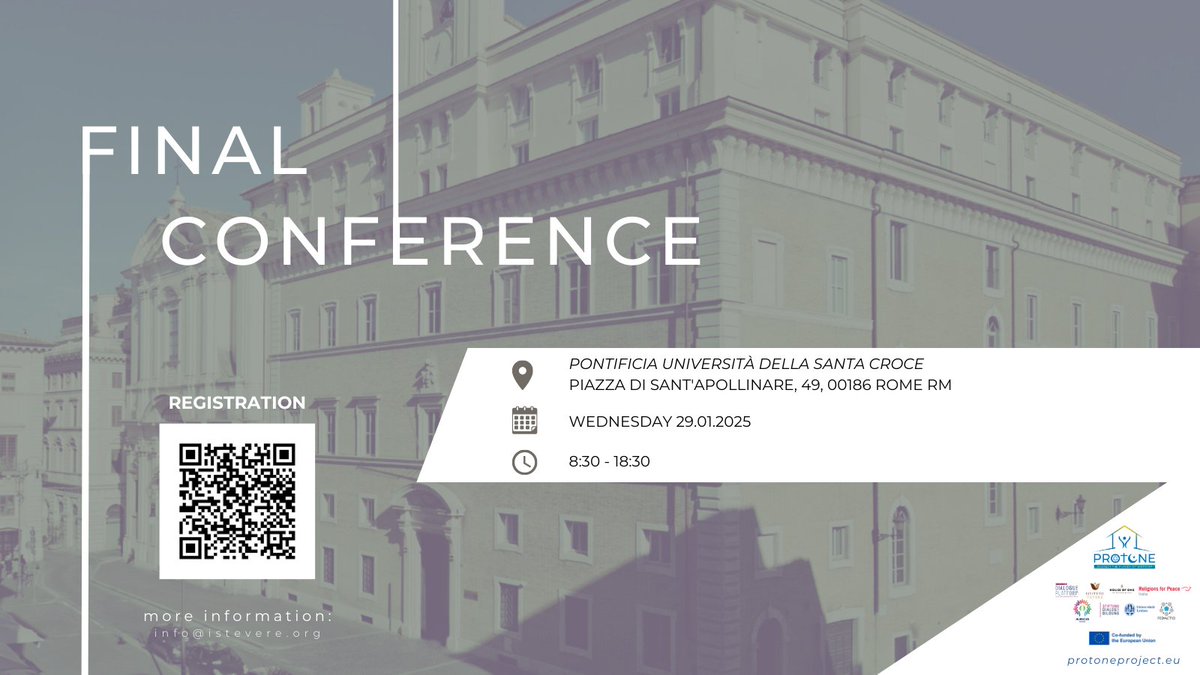 ProtoneProject's tweet image. 📢Join us for the Final Conference of the #ProtoneProject! 

The conference will explore the evolving role of places of worship through interdisciplinary discussions.

🗓️Wednesday, 29 January 2025
📍Pontificia Università della Santa Croce

To register: protoneproject.eu/symposium-rome