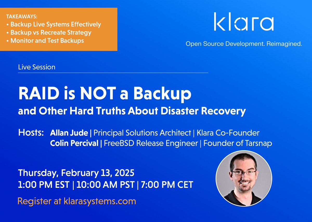 Remember to join us for our next webinar on Thursday, February 13th, at 1:00 pm EST with Klara co-founder Allan Jude and Colin Percival, founder of Tarsnap, for a discussion about backups and implementing a recovery plan.  

🔗 Save your spot: bit.ly/40n26hP