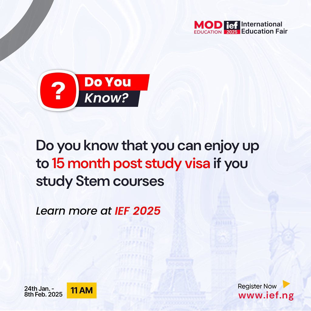 modedunigeria's tweet photo. Did you know? Well, now you do. 

You can enjoy up to 15 month post study visa, if you study Stem courses. 

Register at https://t.co/OKf8dj3GHb (link in bio) to find out more

#modeducation #ief2025 #studyabroad #stemcourses https://t.co/tjuC6nCtJz