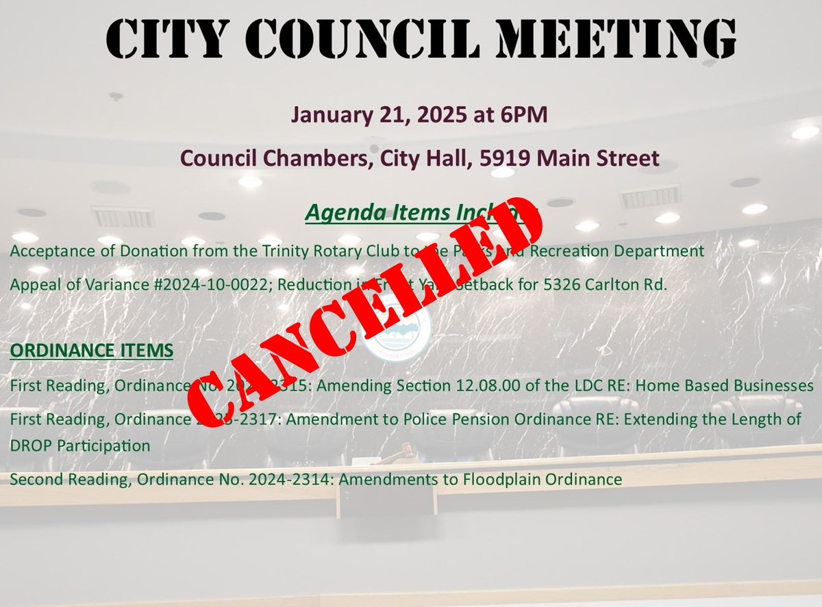 CityNPR's tweet photo. Due to a lack of quorum, the regular City Council meeting scheduled for 6PM today (1/21/25) has been cancelled. All agenda items that were on the agenda for this evening shall be heard at the next regular City Council meeting on February 4, 2025. https://t.co/unA4MPemYK