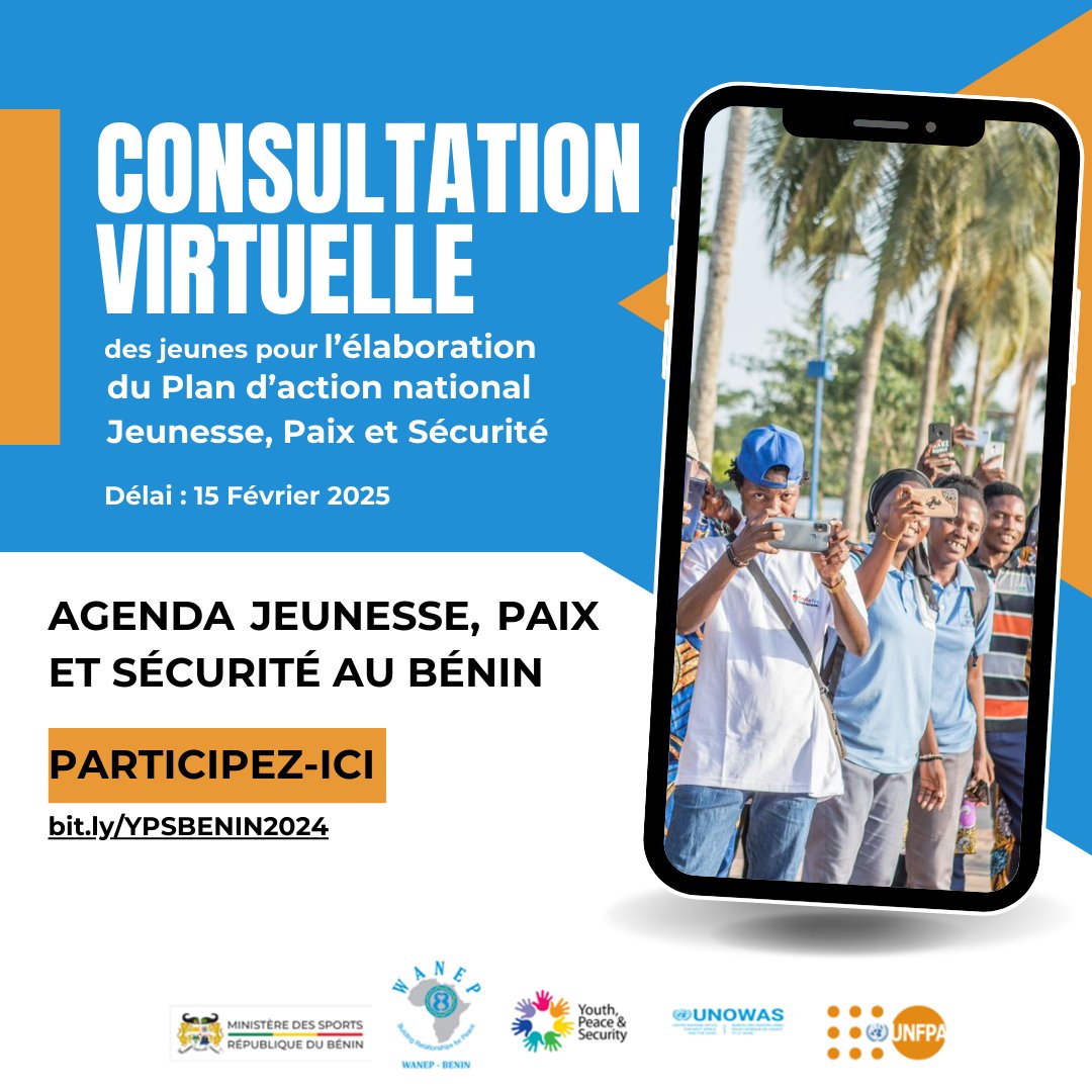📢 Appel aux jeunes du #Bénin 🇧🇯!
Participez à l'élaboration du Plan d'Action National sur #Jeunesse, #Paix et #Sécurité.
📅 Date limite : 15 Février 2025
🔗 Participez ici : bit.ly/YPSBENIN2024
#UNFPABénin #YPS #ConsultationVirtuelle