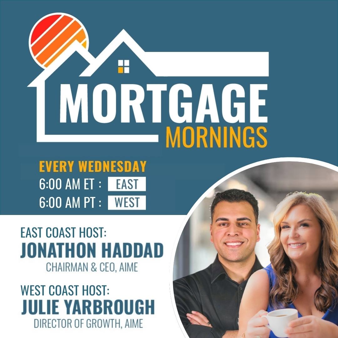 ⏰ Don't miss Mortgage Mornings!
Join us for a Zoom discussion on market trends, predictions, personal experiences, and overcoming struggles.

Hurry, limited spots!
East Coast 6 AM ET: 👉 aimegroup.co/MortgageMornin…
West Coast 6 AM PT: 👉 aimegroup.co/MortgageMornin…