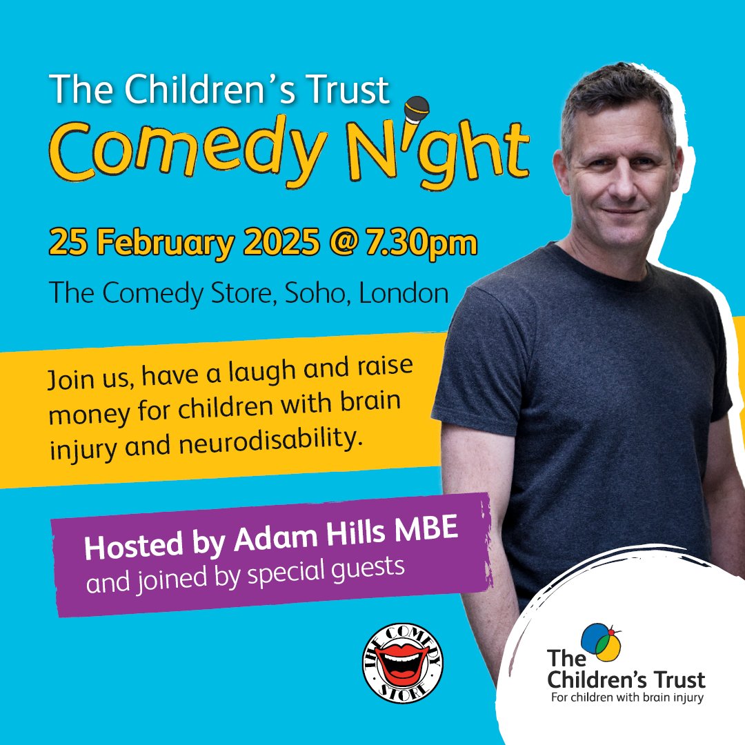 Childrens_Trust's tweet photo. Join us at our annual Comedy Night on 25th February 2025 at The Comedy Store in London’s bustling West End. The night will be hosted by comedian and TV presenter Adam Hills MBE.

Tickets are limited so grab yours today! https://t.co/ilxrO2GM5B https://t.co/uwSESXiIg7