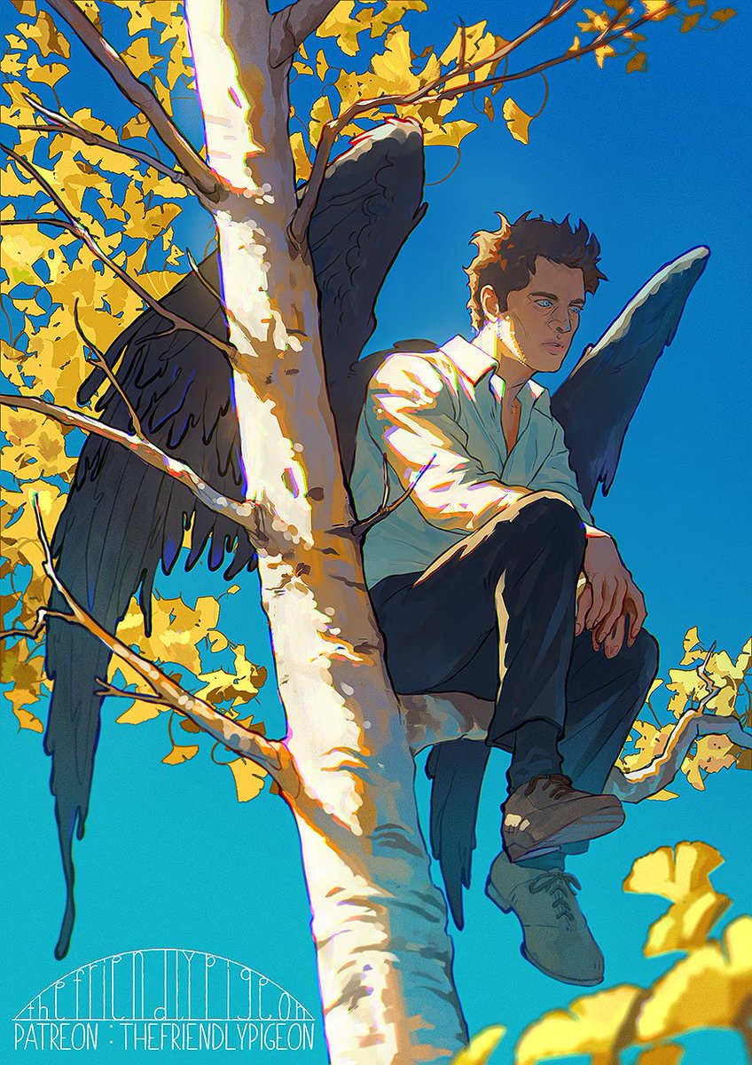 _FriendlyPigeon's tweet photo. I wanted to draw a young, wild haired #Castiel (pre-Dean era) that just sits around in trees like the autistic weirdo he is 💛

#Supernatural https://t.co/7vMzqTBV7B