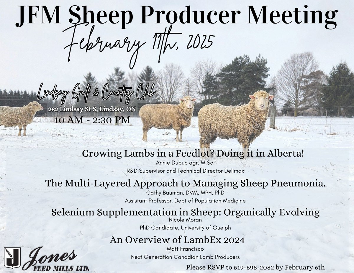 Don't forget to register for our sheep producer meeting. We have 2 dates available. Tuesday, February 11th in Lindsay, ON or Tuesday, February 25th in Floradale, ON. #JFMSHEEP