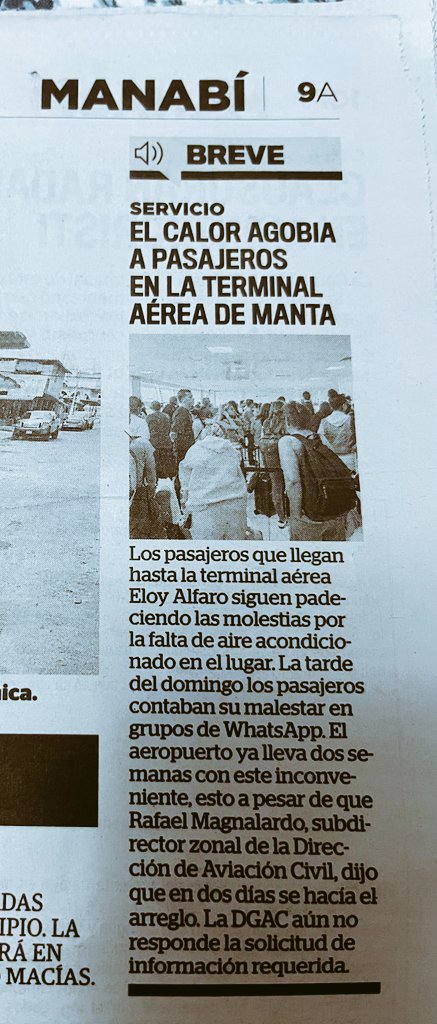 🚨«EL CALOR AGOBIA A PASAJEROS EN LA TERMINAL AÉREA DE MANTA» <a href="/eldiarioec/">El Diario</a>
Martes, 21-ene-2025.
"Los pasajeros que llegan hasta la terminal aérea Eloy Alfaro siguen padeciendo las molestias por la falta de aire acondicionado en el lugar."

Autoridades <a href="/DGAC_Ecuador/">DGAC Ecuador (DAC)</a> no responden.⚠️