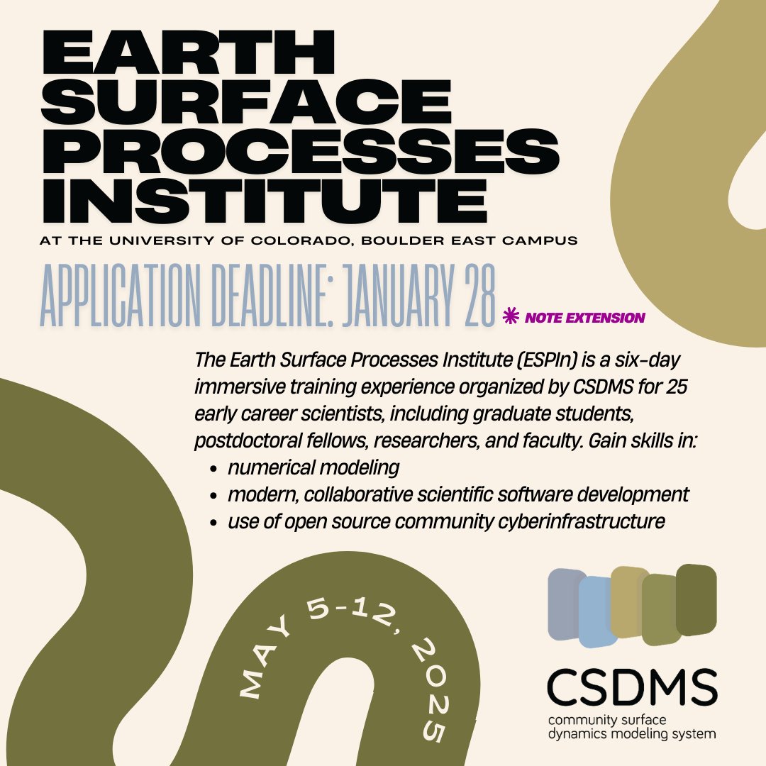 AGU_EPSP's tweet image. 🌎 Early career scientists: Apply for CSDMS's ESPIn 2025! Six days of immersive training in numerical modeling &amp;amp; scientific software development at CU Boulder. 
📅 May 5-12, 2025 
⚡️ Application deadline extended to Jan 28⚡️
 csdms.colorado.edu/wiki/ESPIn

#EarthScience #CSDMS #ESPIn25