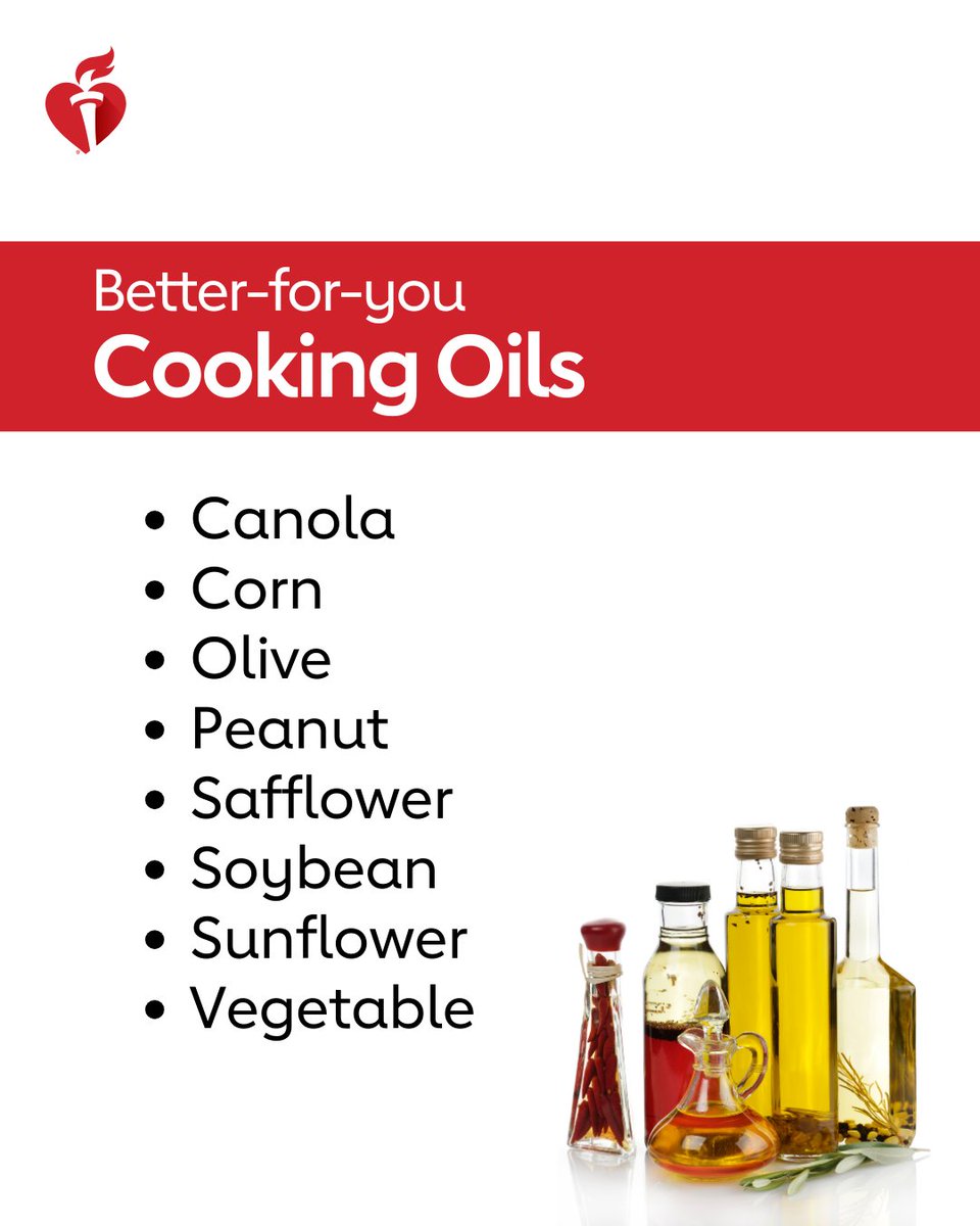American_Heart's tweet photo. Choosing nontropical vegetable oils to cook and prepare food, like these, is smart for your heart. https://t.co/tFhGX7sTFD