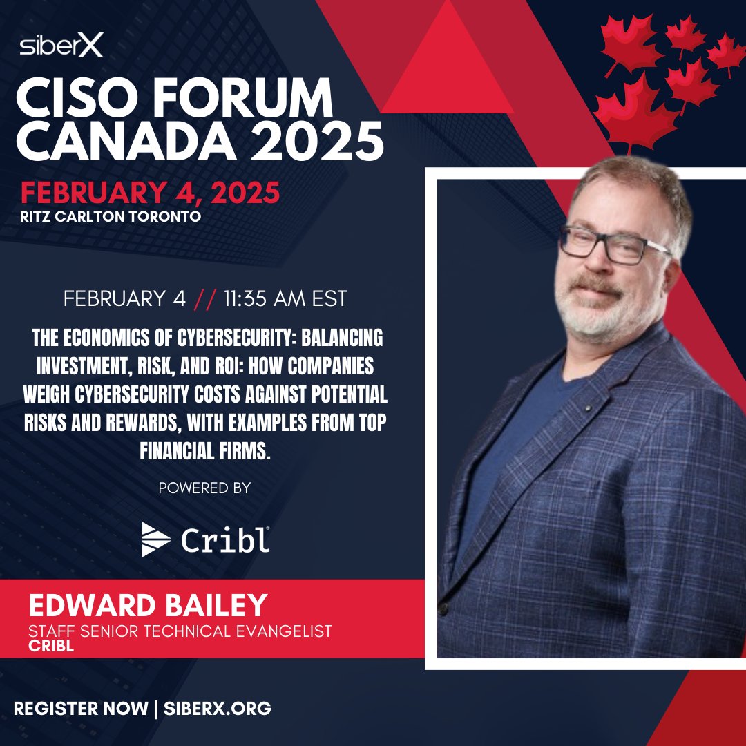 siberxorg's tweet photo. 🎤 Join Edward Bailey, Staff Senior Technical Evangelist at Cribl, as he explores: "The Economics of Cybersecurity: Balancing Investment, Risk, and ROI"

📅 February 4, 2025
📍 The Ritz-Carlton, Toronto
🌐 https://t.co/yabqltNiN6

#wearecyber #cisoforumcanada #cybersecurity https://t.co/z3NgHCLjL1